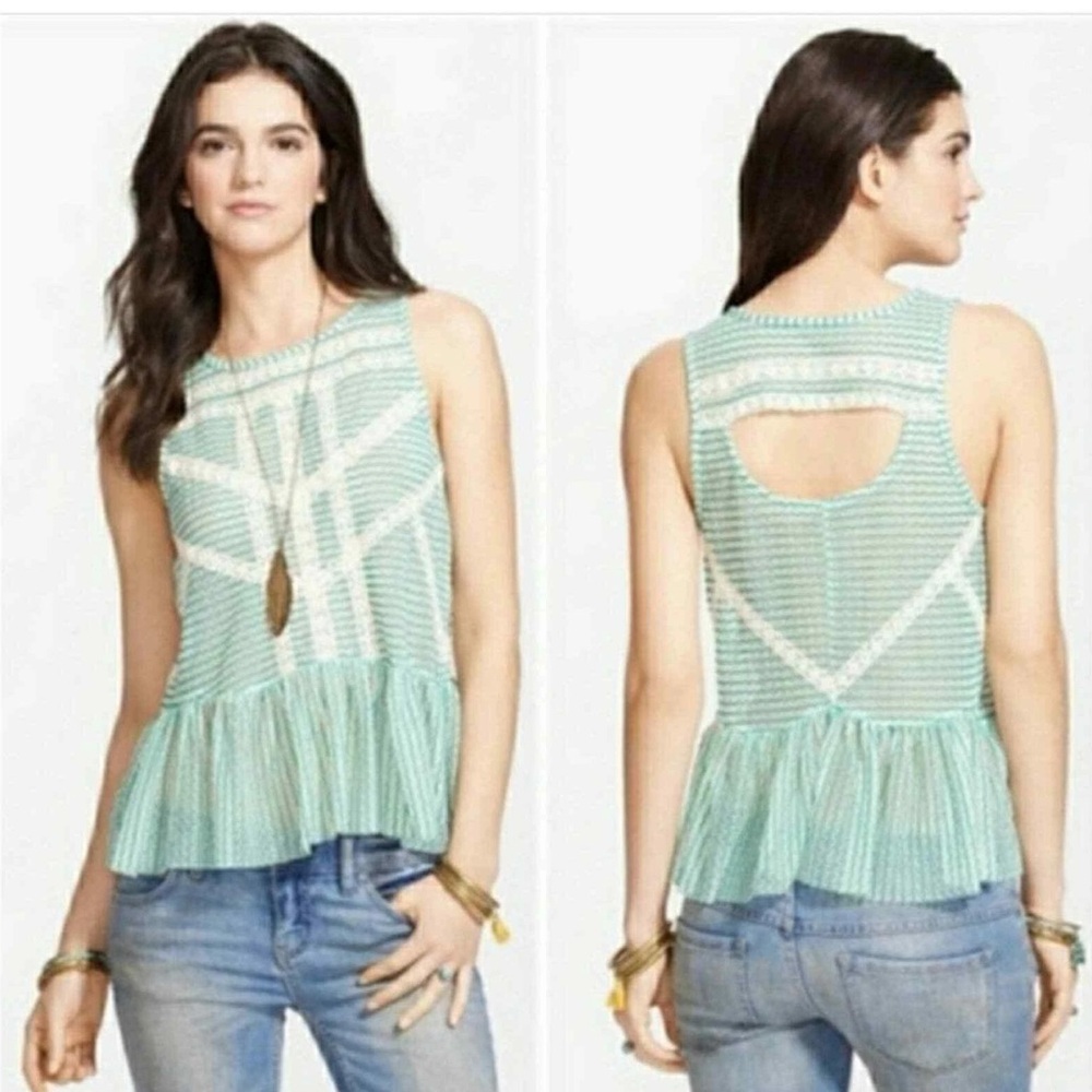 FREE PEOPLE || Loose Weave Crochet Turquoise & Lace Sleeveless Peplum Top XS - Picture 2 of 12